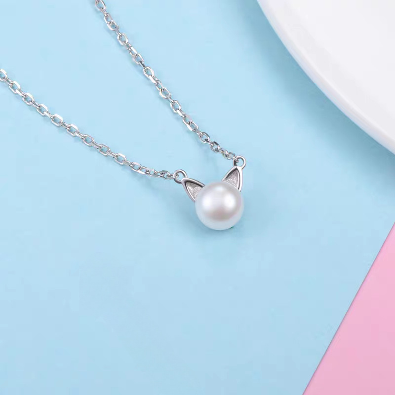Pearl Trim Chain - ファッション 925 スターリングシルバージュエリー気質パール猫かわいい動物美しいペンダントネックレス XL166
