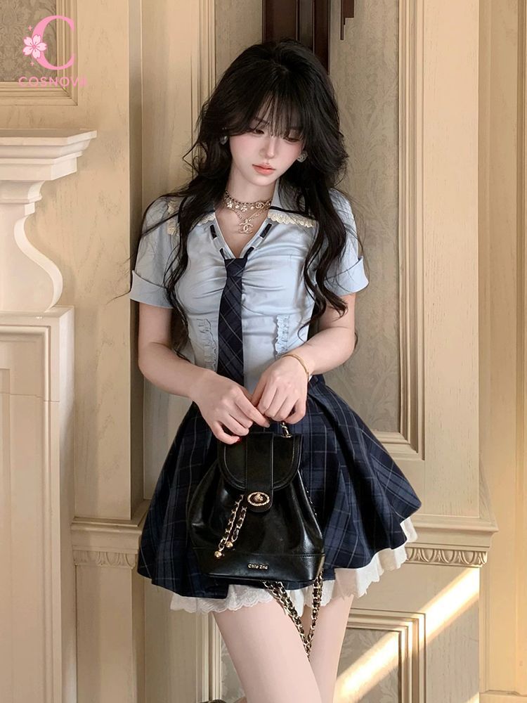 Elastic Lace Trim - サマーニュープレッピーY2Kツーピースセット レディース スリムフィット レーストリムタイディテール チェックシャツ ハイウエストプリーツスカート