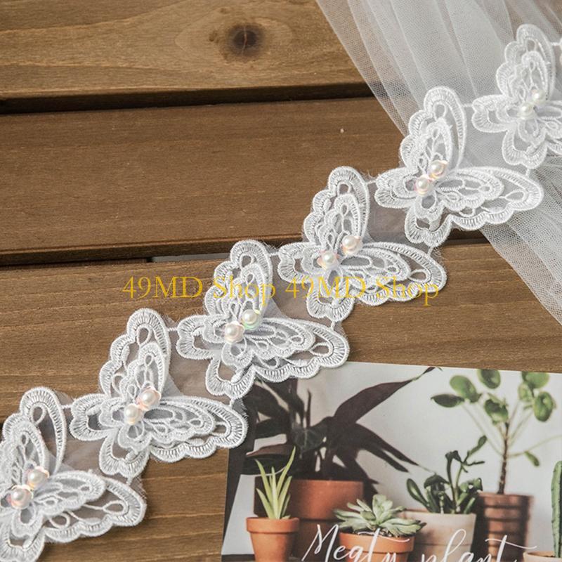 Lace Ribbon Trim - 49MD 1 ヤードちょう結び蝶刺繍レーストリムリボン模造パールビーズアップリケ DIY 縫製クラフトウェディングブライダル