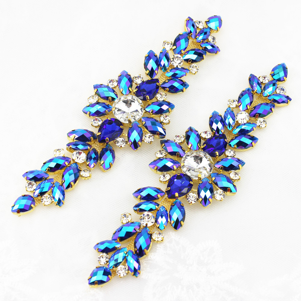 Sew On Rhinestone - 18.2 × 5.5 センチメートル AB 縫製にラインストーンパッチファッションクリスタルゴールデンベース花ラインストーンアップリケウェディングイブニングドレス