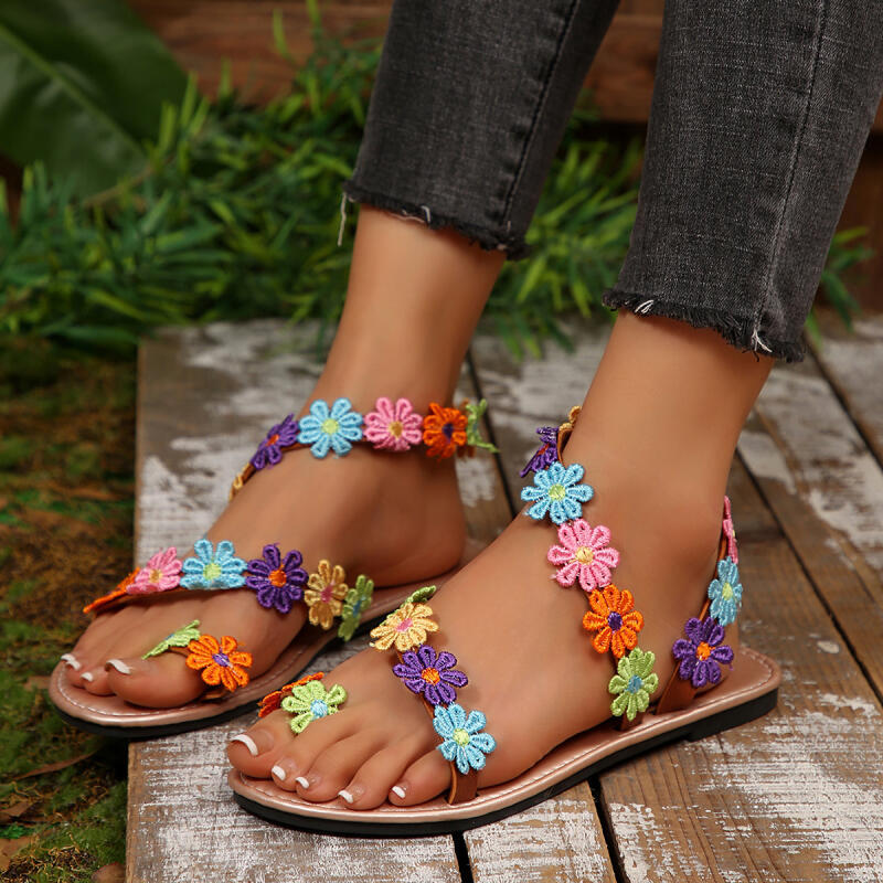 Embroidery Embellishments - ボヘミアン刺繍フラワーデザイナーサンダル レディース 夏 2026 カラフル 軽量