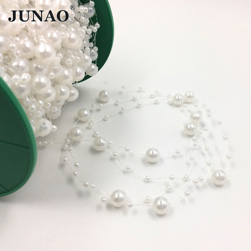 Pearl Trim Chain - JUNAO 20メートル 3+8mm ホワイトラウンドパールビーズ ラインストーンチェーン パールロールトリム