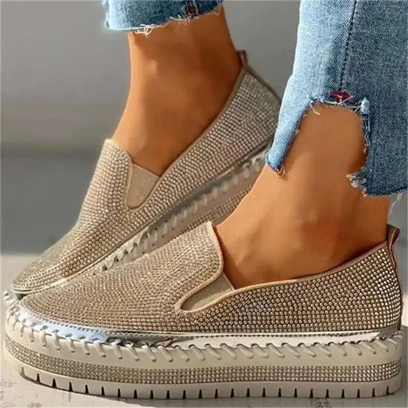 Sew On Rhinestone - 女性フラットラインストーンブリンブリン縫製プラットフォームローファースリップオン縫製浅いファッション厚底カジュアルシューズ女性靴