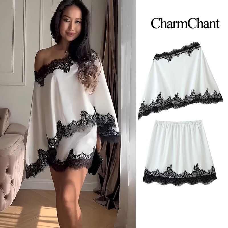 Elastic Lace Trim - CHARMCHANT レディース サテンレーストリム ツーピースセット オフショルダースリーブ ミニスカート