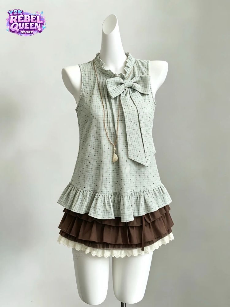 Elastic Lace Trim - 日本のヴィンテージ風スウィーティー2ピースセット レディース リボン付きフリルチェック柄クロップトップ+レーストリムレイヤードミニスカート 夏の新作カジュアルコーデ