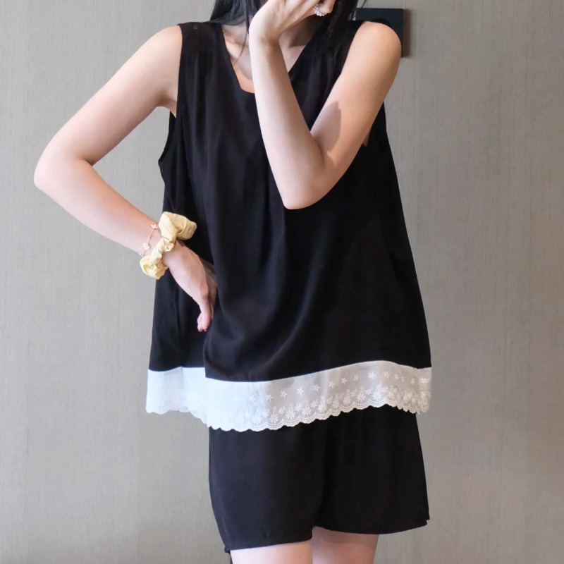 Elastic Lace Trim - 女性用ノースリーブレーストリムラウンジウェアセット、内蔵ブラ付き、薄手のコットンショーツ、パジャマ、普段着