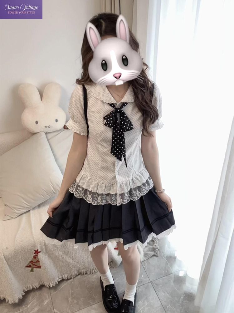 Elastic Lace Trim - 新作スイートコケット2ピースセット レディース ピーターパンカラー リボンブラウス レーストリム ハイウエストプリーツスカート