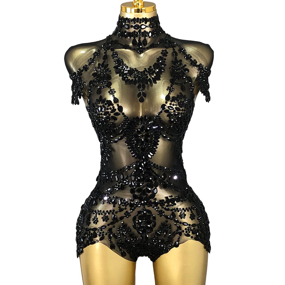 Rhinestone Banding Trim - キラキララインストーンボディスーツ女性のセクシーなメッシュ透明パフォーマンスダンス衣装歌手ダンサーショーステージ着用クラブレオタード