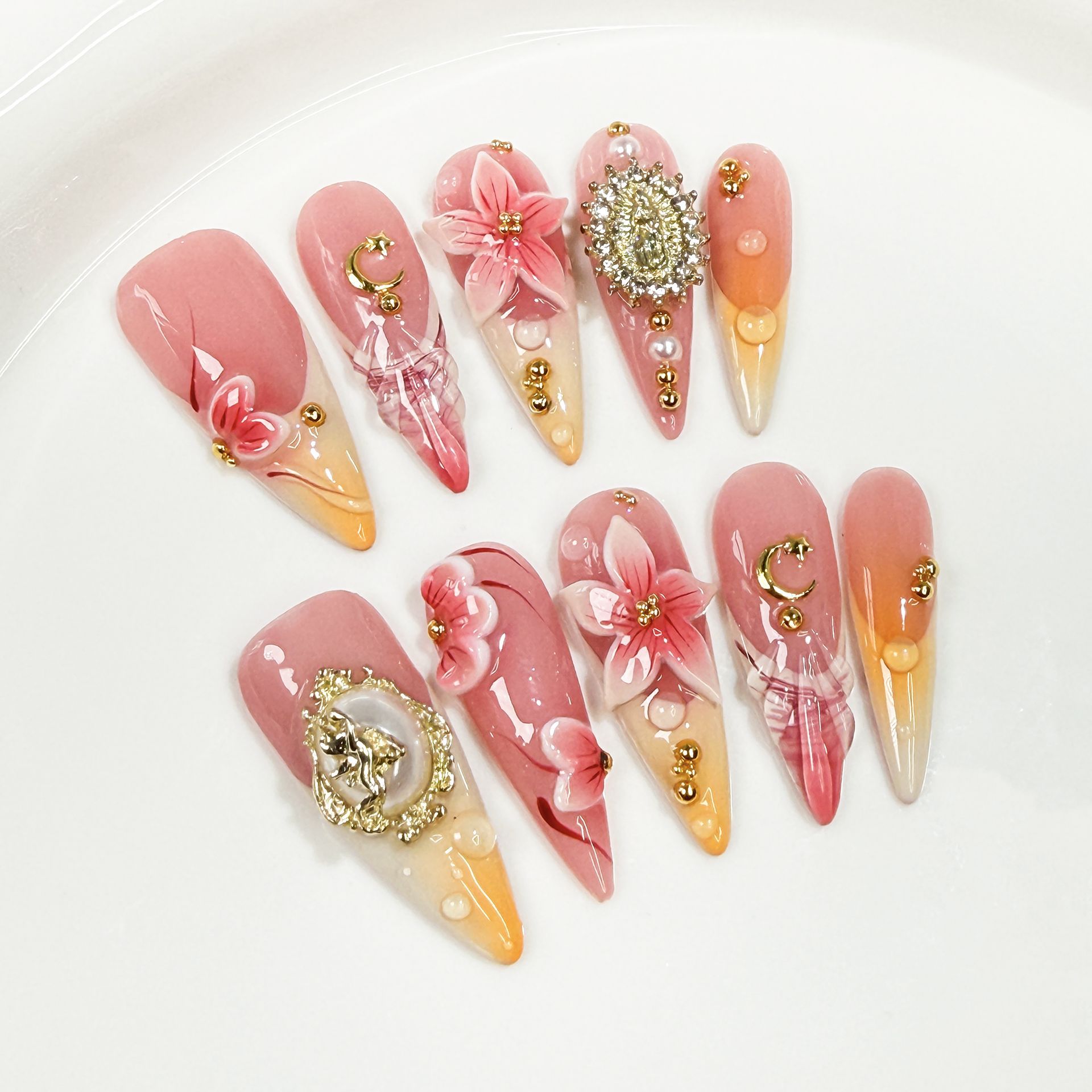 Embroidery Embellishments - 10個入り レトロフラワーデザイン つけ爪 ロングスティレット ハンドメイド ゴールドラインストーン付き