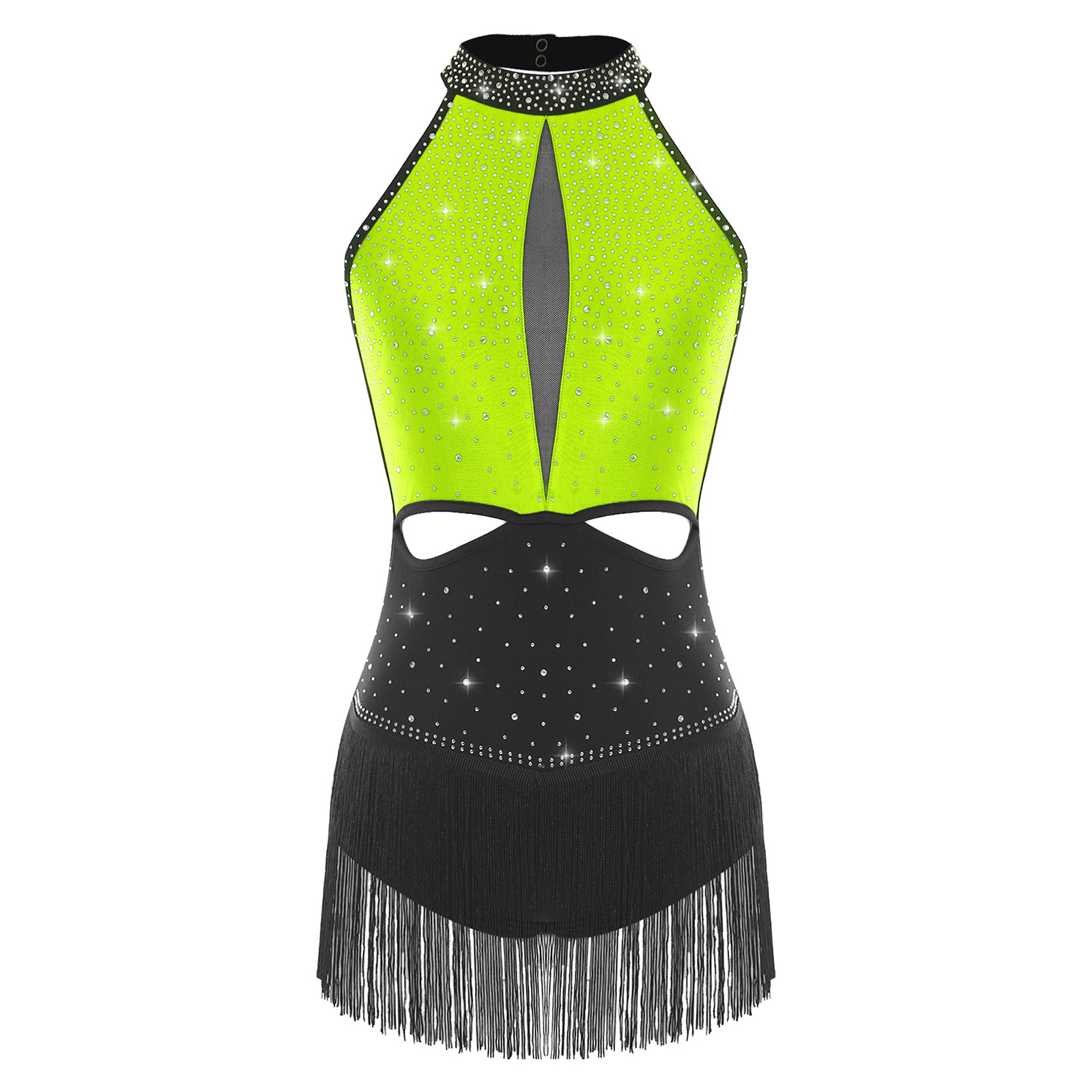 女性ダンスリズムドレスノースリーブモックネック背中の開いたラ - Rhinestone Banding Trim のレビューと価格