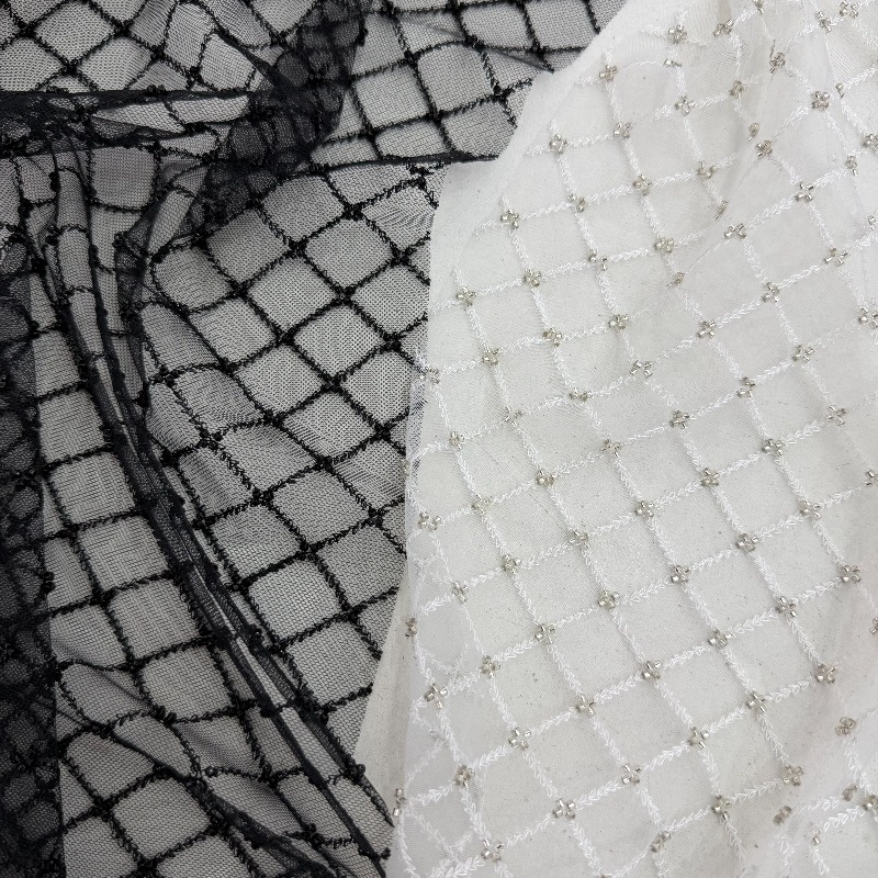 リップストップビーズ刺繍スパンコールメッシュ生地、ウェディン - Crystal Mesh Fabric のレビューと価格