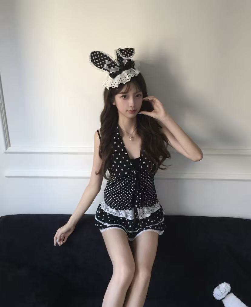 Y2Kヴィンテージ風コケット2ピースセット レディース 水玉 - Elastic Lace Trim のレビューと価格