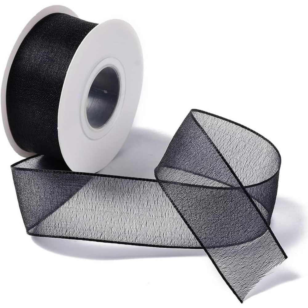 1インチ ブラック オーガンザリボン 有線 シアーメッシュ  - Organza Ribbon Spool のレビューと価格