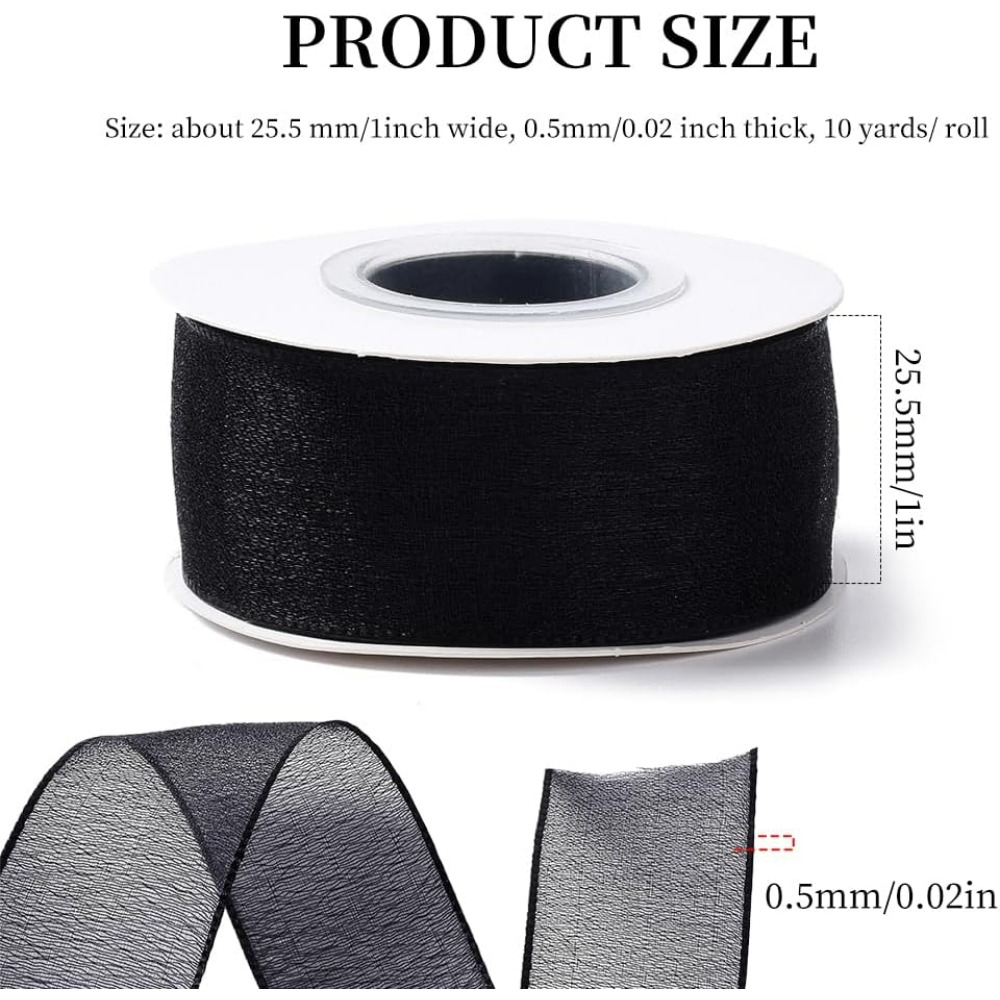 1インチ ブラック オーガンザリボン 有線 シアーメッシュ  - Organza Ribbon Spool のレビューと価格