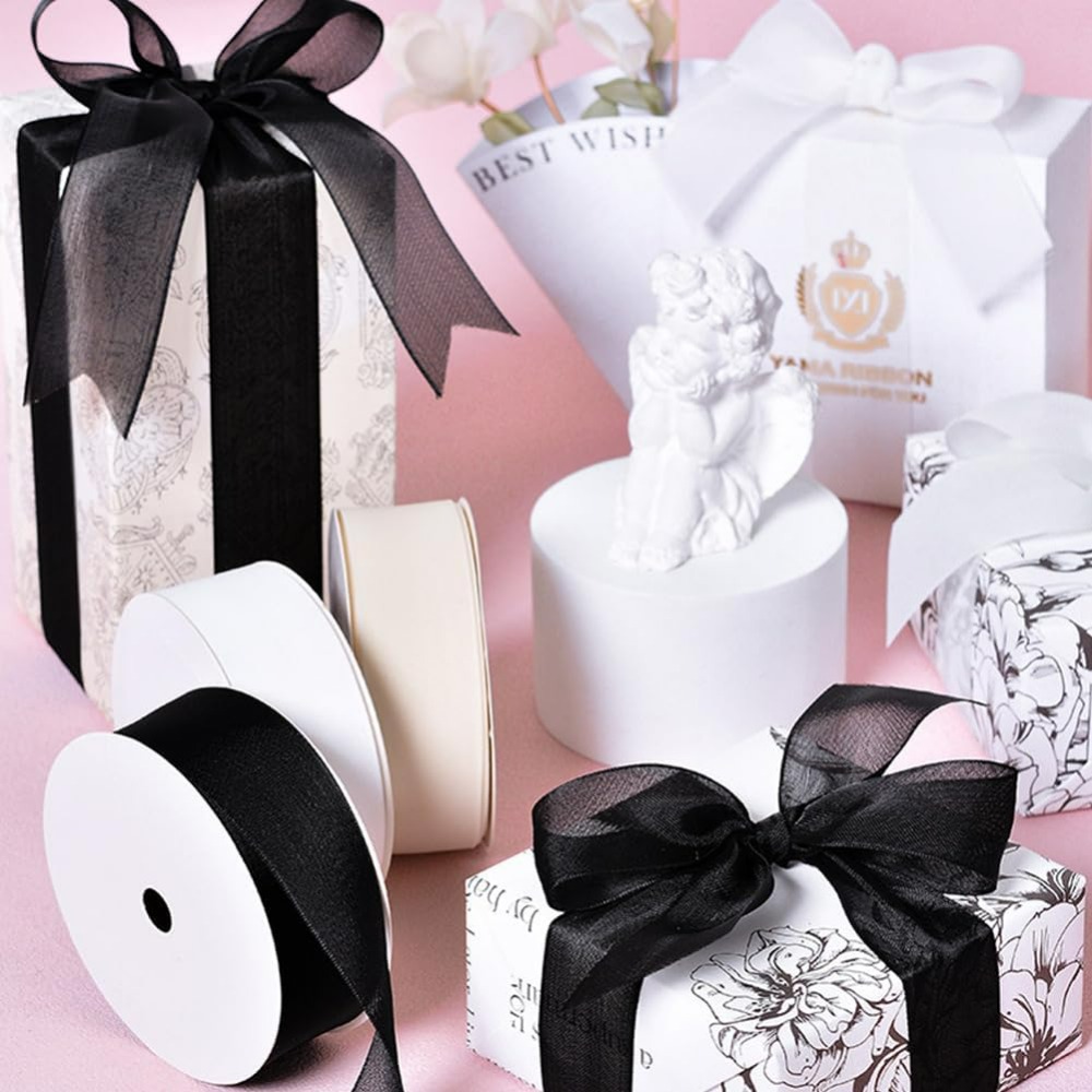 1インチ ブラック オーガンザリボン 有線 シアーメッシュ  - Organza Ribbon Spool のレビューと価格