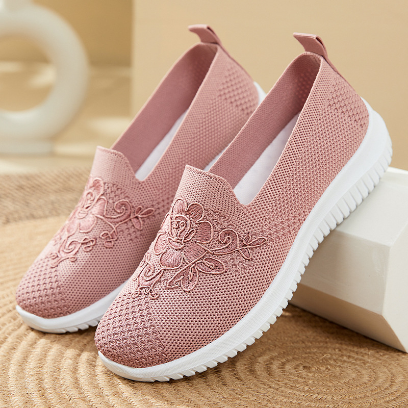 花刺繍ニットメッシュスリッポンシューズ女性通気性ノンスリップ - Embroidery Embellishments のレビューと価格
