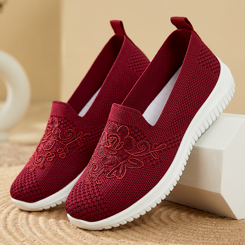 花刺繍ニットメッシュスリッポンシューズ女性通気性ノンスリップ - Embroidery Embellishments のレビューと価格