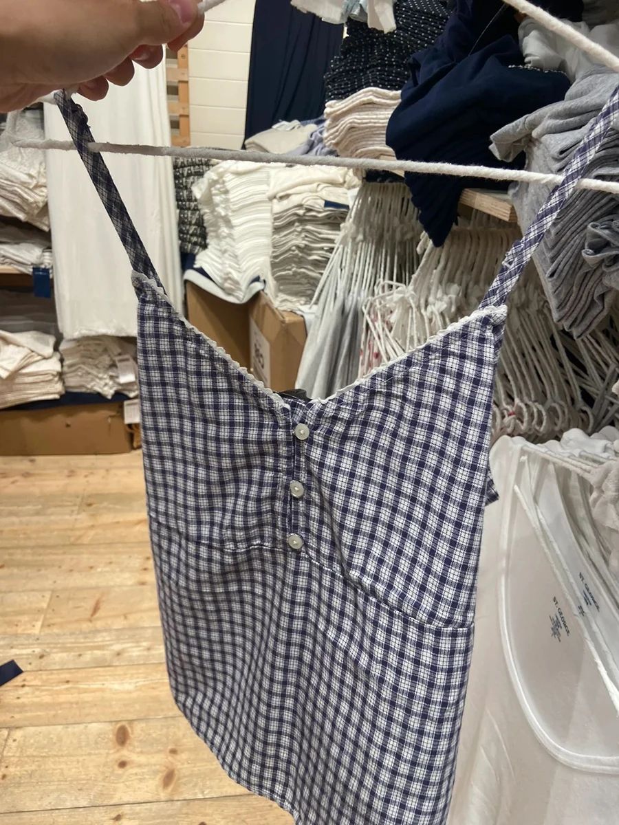 女性用コットン2点セット,ネイビーチェック柄タンクトップ,レ - Elastic Lace Trim のレビューと価格