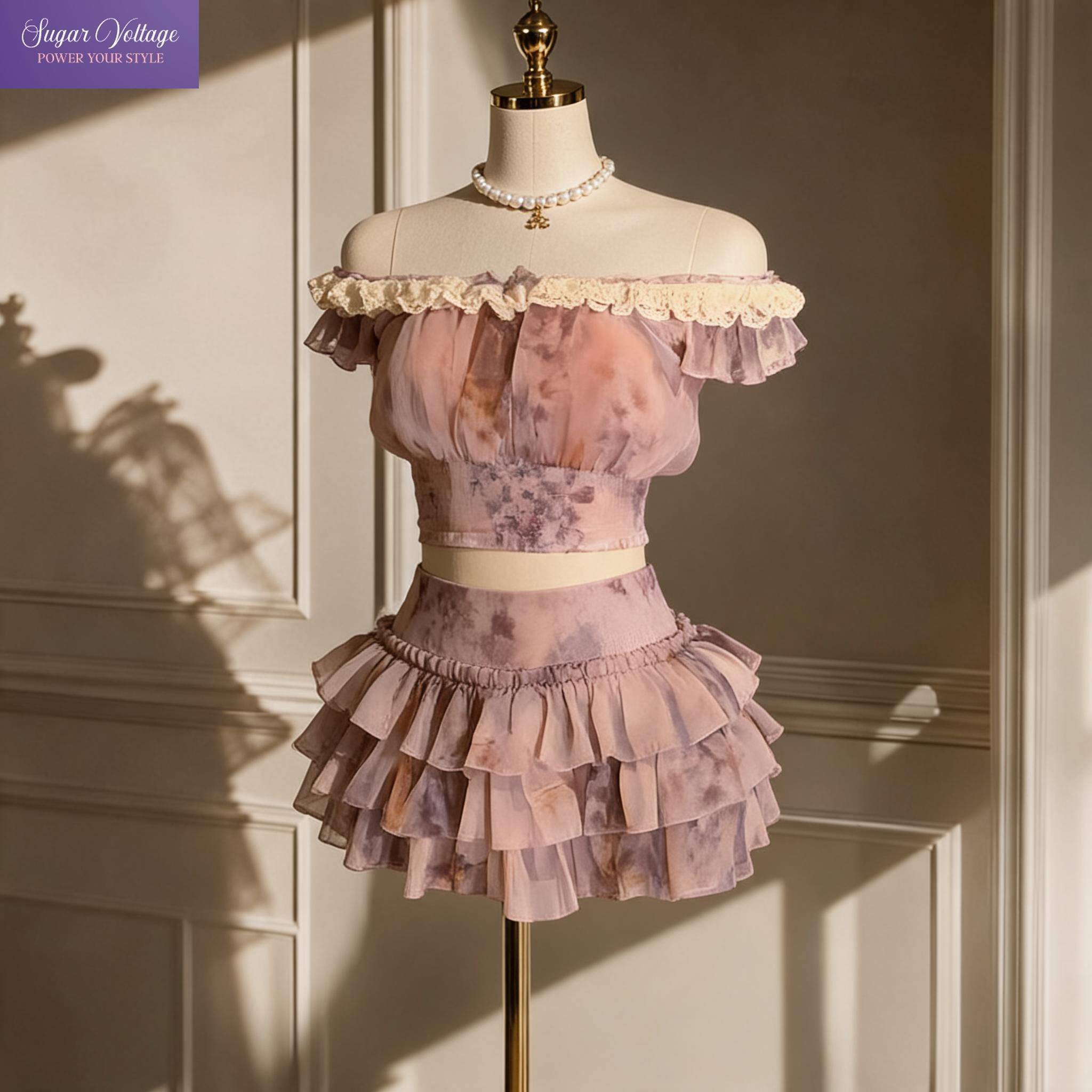 フレンチスウィートコケットオフショルダーレーストリム花柄プリ - Elastic Lace Trim のレビューと価格
